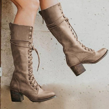 Trendy Black Knee High Boots for Women – Stylish PU Leather Long Boots with Chunky Heel & Laces 3