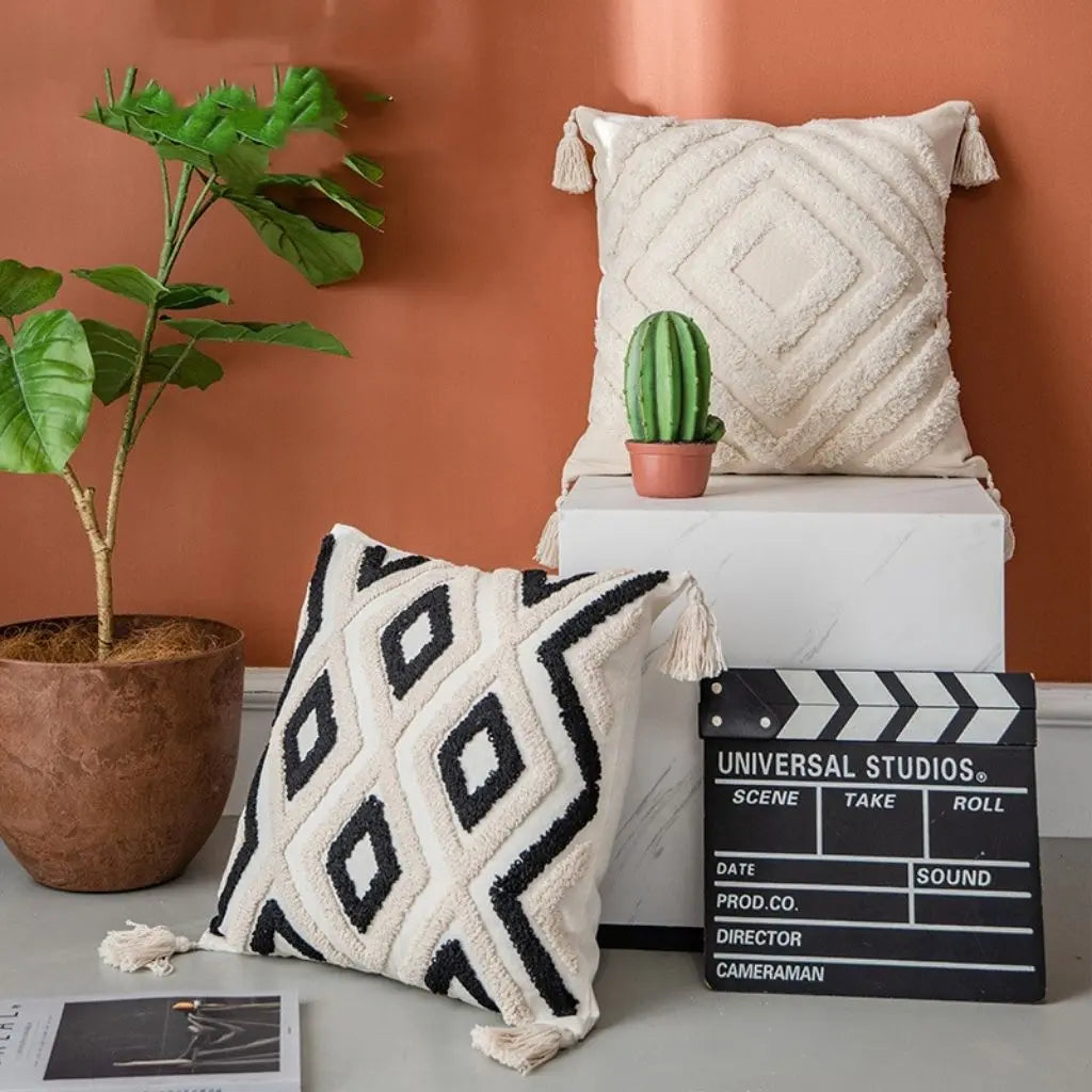Embroidered pillow cover with diamond tufted design and geometric texture for modern living room decor