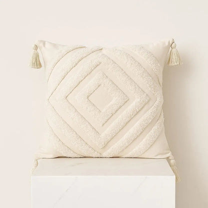  Geometric pillowcase with embroidered diamond texture and decorative corner tassels, 45x45cm size