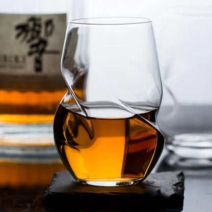 Clear twisted whiskey tumbler with sculpted body borosilicate glass 14.5oz cocktail drinkware
