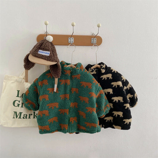 Cozy Kids Fleece Vest Bear Design Green Black - Lusomart