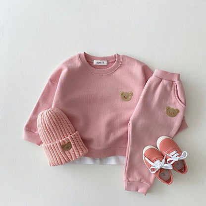 Unisex Joggingpak Kinderen Berenembleem Zachte Katoenmix Grijs/Roze/Geel/Bruin 3