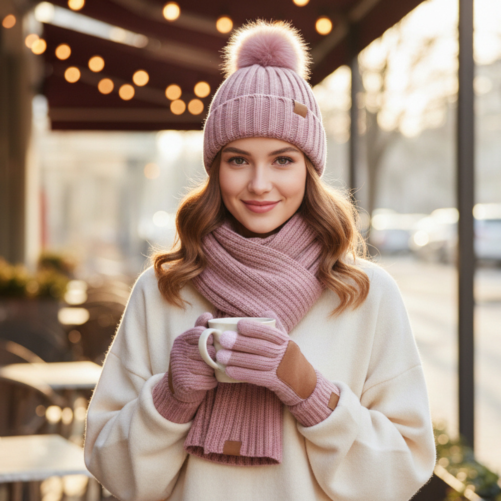 Cold Weather Knit Beanie Scarf Insulated Gloves Set