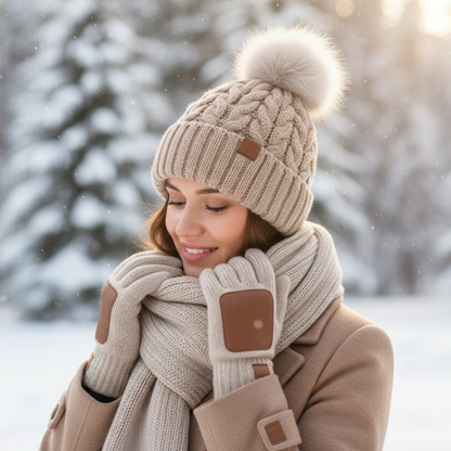 Cold Weather Knit Beanie Scarf Insulated Gloves Set