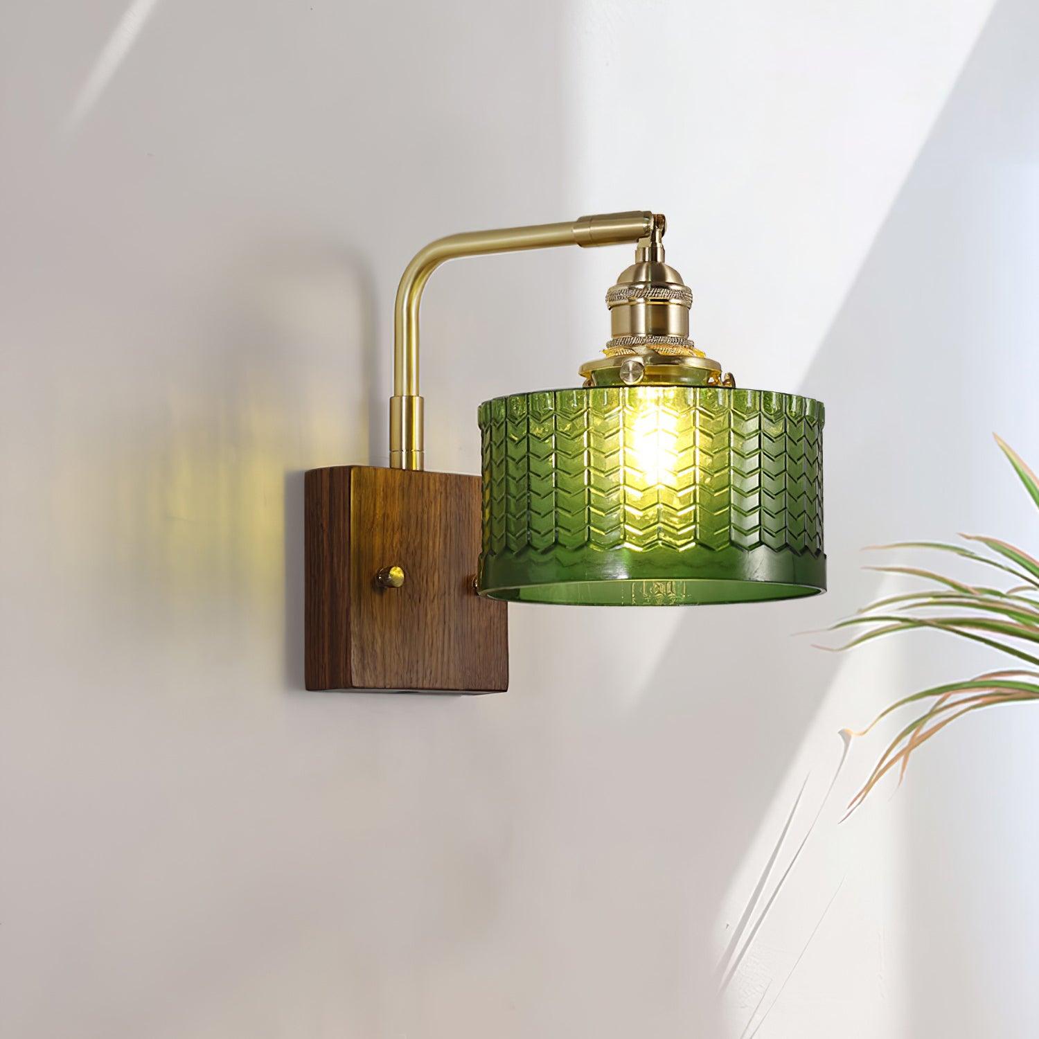 VerdantGlow | Elegant Retro Green Glass Wall Lamp Sconce with Wooden Accent 2