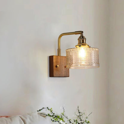 VerdantGlow | Elegant Retro Green Glass Wall Lamp Sconce with Wooden Accent 3