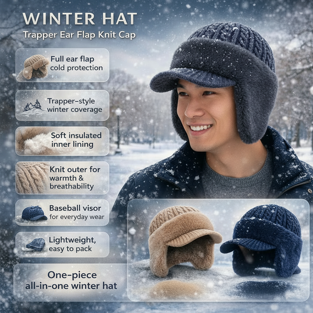 Warm Fleece Lined Trapper Beanie Earflap Hat