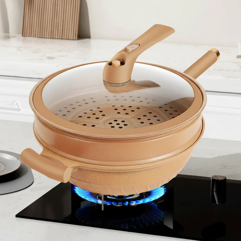 Large Non Stick Wok Pan with Steam Lid - Lusomart