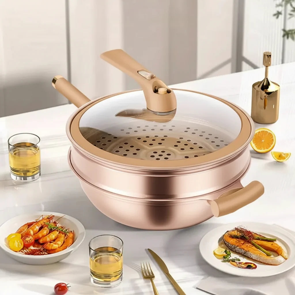 Large Non Stick Wok Pan with Steam Lid