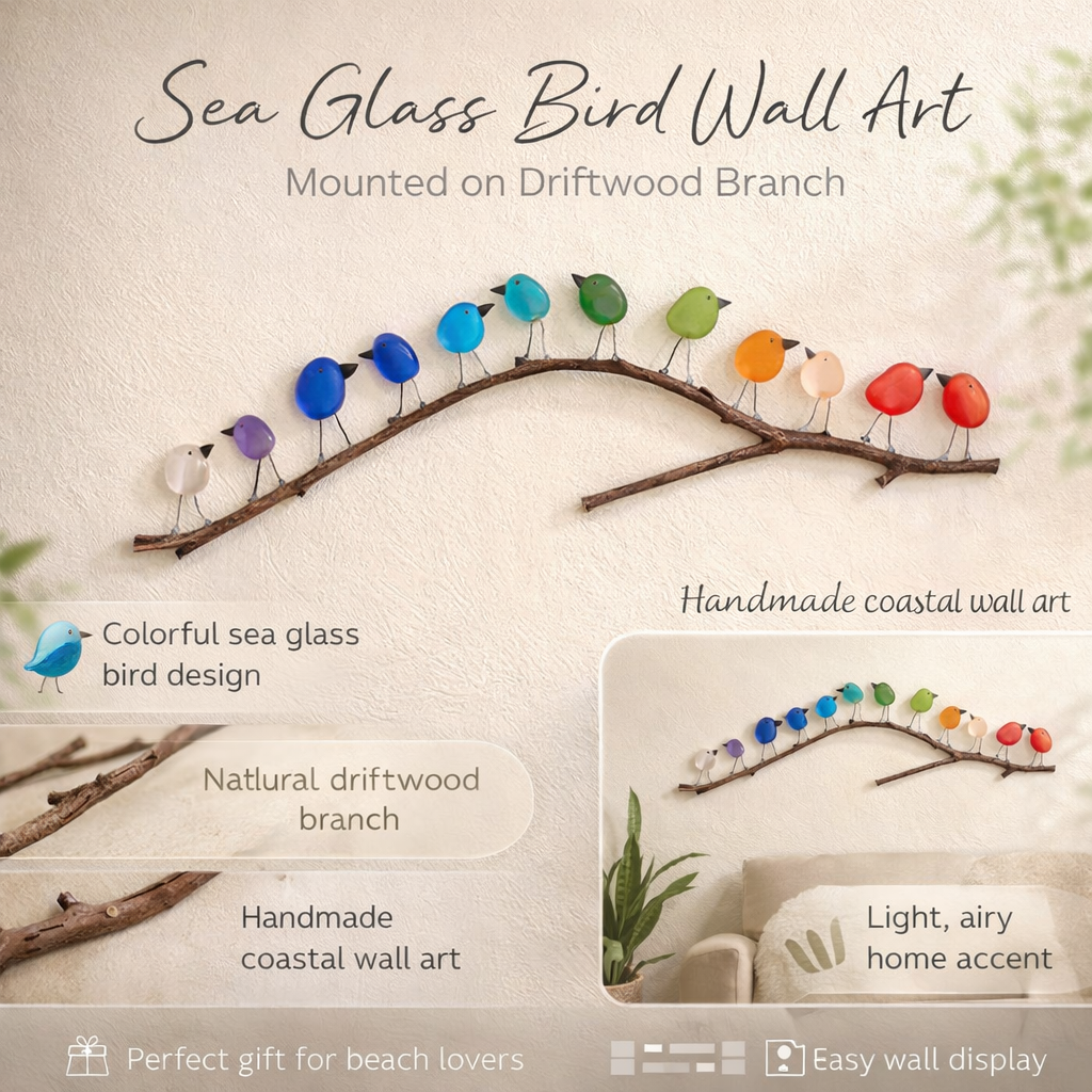 Coastal Beach Glass Bird Wood Decor