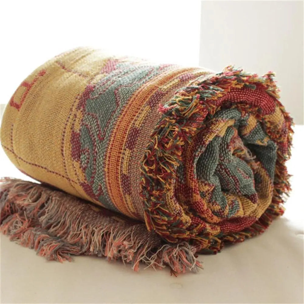 Multicolored textured blanket with fringes on a light background
