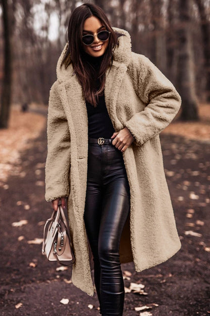 Warm Hooded Wool Coat for Women – Oversized Full Length Winter Fashion with Button Fastening 3