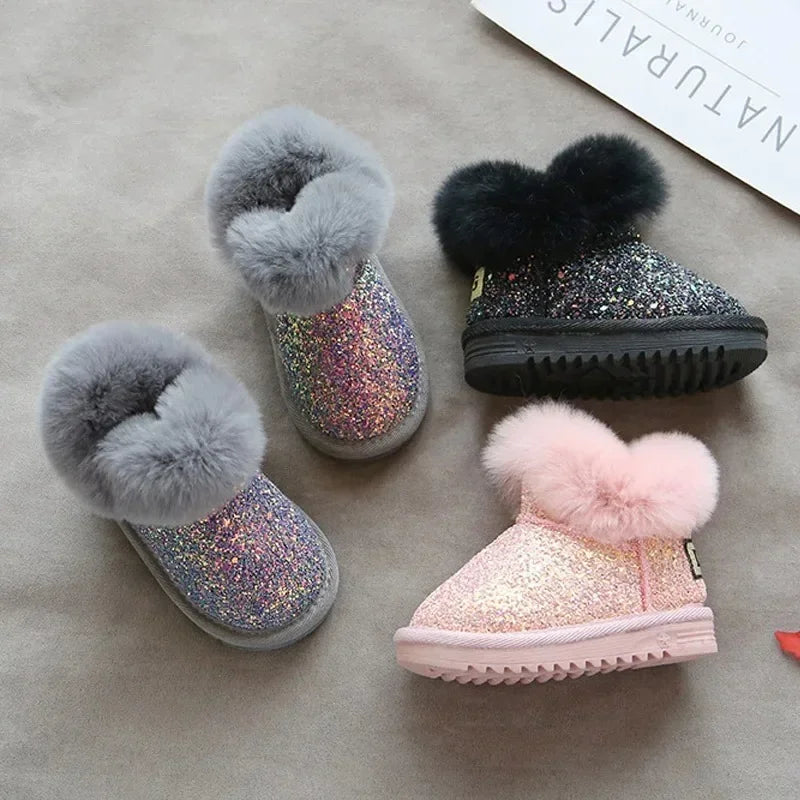 Warm Glitter Kids Winter Shoes with Fleece Lining – Comfy and Stylish in Pink, Sizes 25-30