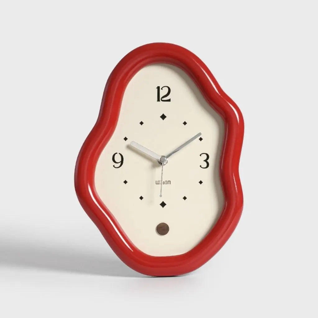Curved wooden table clock showing asymmetrical organic shape with smooth finish for modern home decor