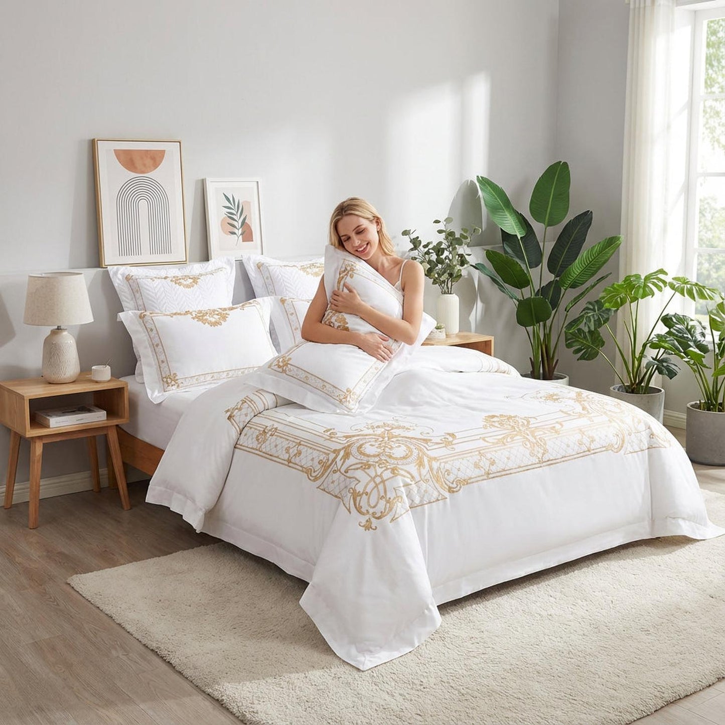 Luxury White Embroidered Bedding Duvet Cover Set