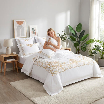 Luxury White Embroidered Bedding Duvet Cover Set