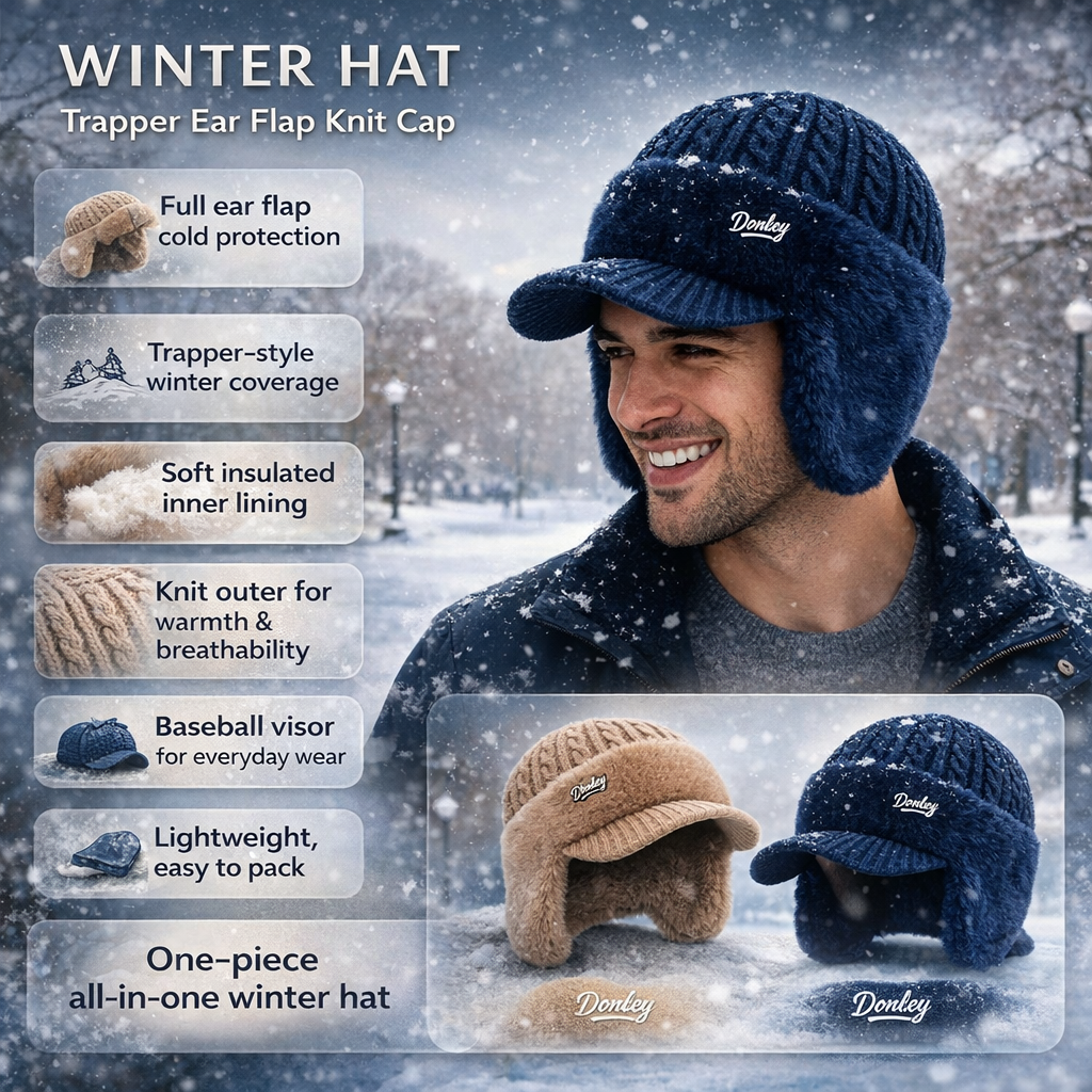 Warm Fleece Lined Trapper Beanie Hat