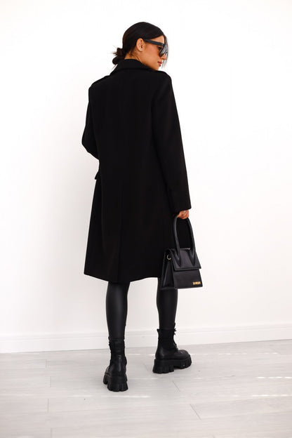 Women's Double-Breasted Long Coat with Gold Button Accents 1