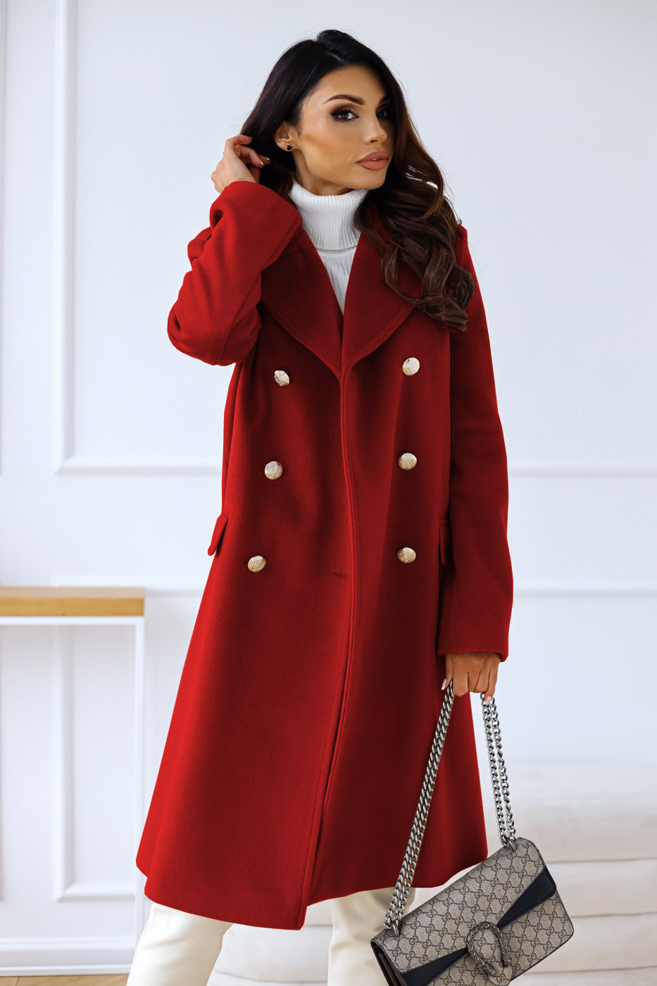 Women's Double-Breasted Long Coat with Gold Button Accents 9