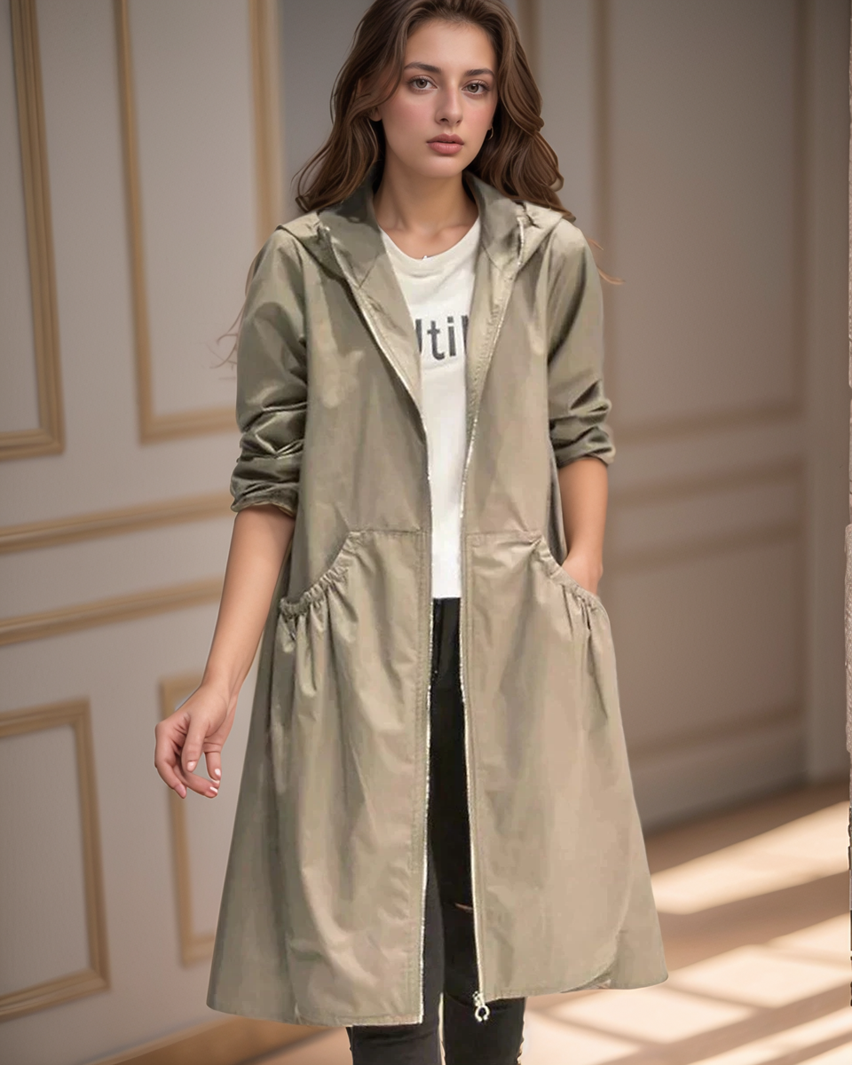Women’s Knee-Length Waterproof Coat – Casual Hooded Jacket with Zip Front 1