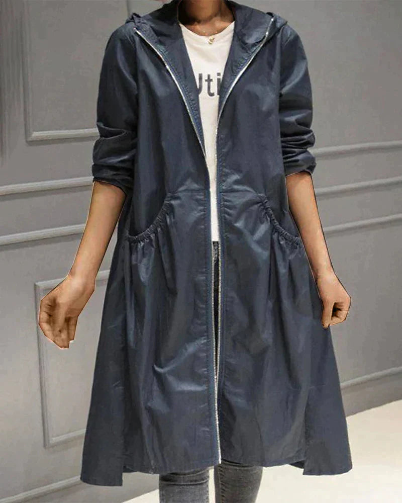 Women’s Knee-Length Waterproof Coat – Casual Hooded Jacket with Zip Front 6