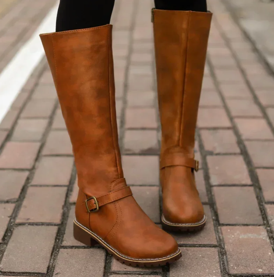 Women's Knee High Boots with Buckle Strap and Low Block Heel 1