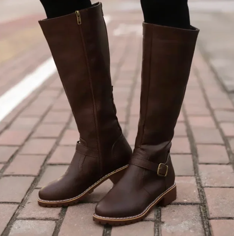 Women's Knee High Boots with Buckle Strap and Low Block Heel 2