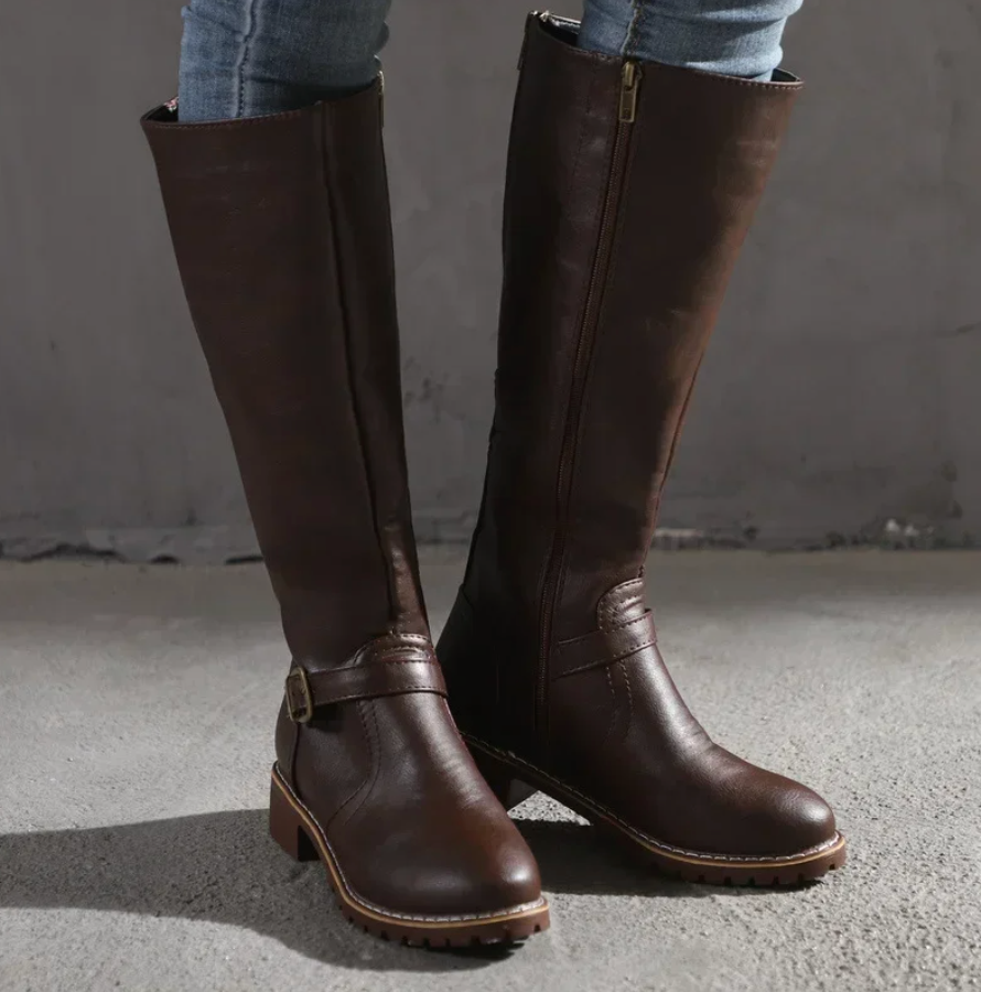 Women's Knee High Boots with Buckle Strap and Low Block Heel 3