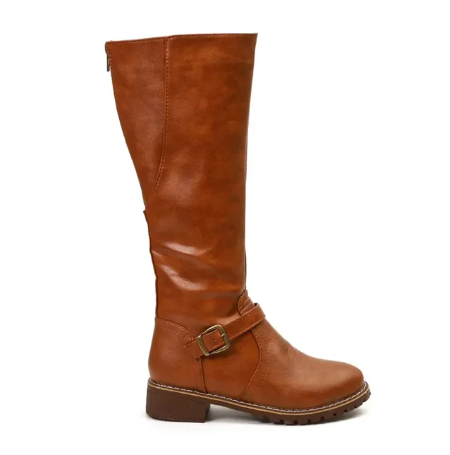 Women's Knee High Boots with Buckle Strap and Low Block Heel 5