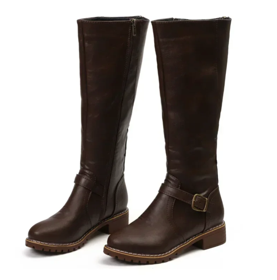 Women's Knee High Boots with Buckle Strap and Low Block Heel 6