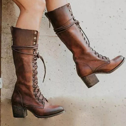 Women's Knee High Boots with Lace Up Front and Chunky Heel 2