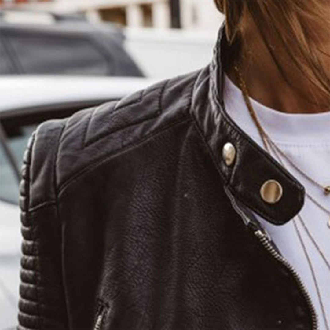 Women's Leather Biker Jacket with Zip Details and Ribbed Sleeves 2