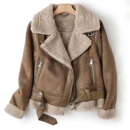 Classic Fit Women's Leather Biker Jacket with Zipper - Lusomart