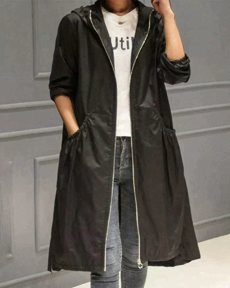 Women's Long Waterproof Weatherproof Hooded Raincoat with Zip 3