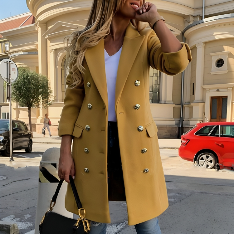 Women’s Long Wool Coat – Tailored Double-Breasted Winter Outerwear with Down Collar and Decorative Metallic Buttons 1