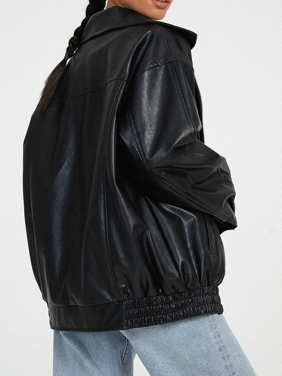 Classic Women's Faux Leather Zip Jacket - Lusomart