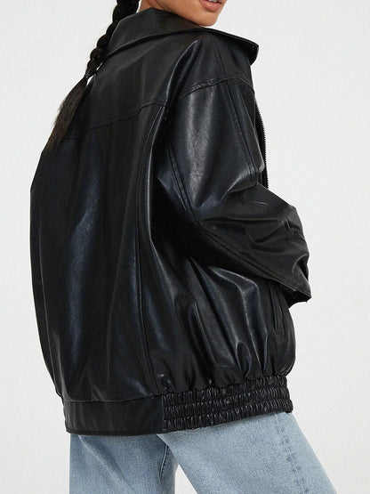 Classic Women's Faux Leather Zip Jacket - Lusomart