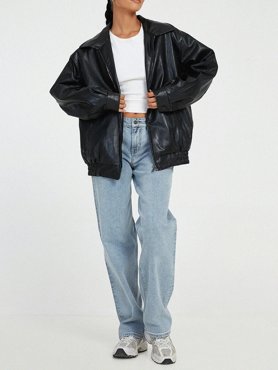 Women's Oversized Leather Bomber Jacket with Zipper Front 1