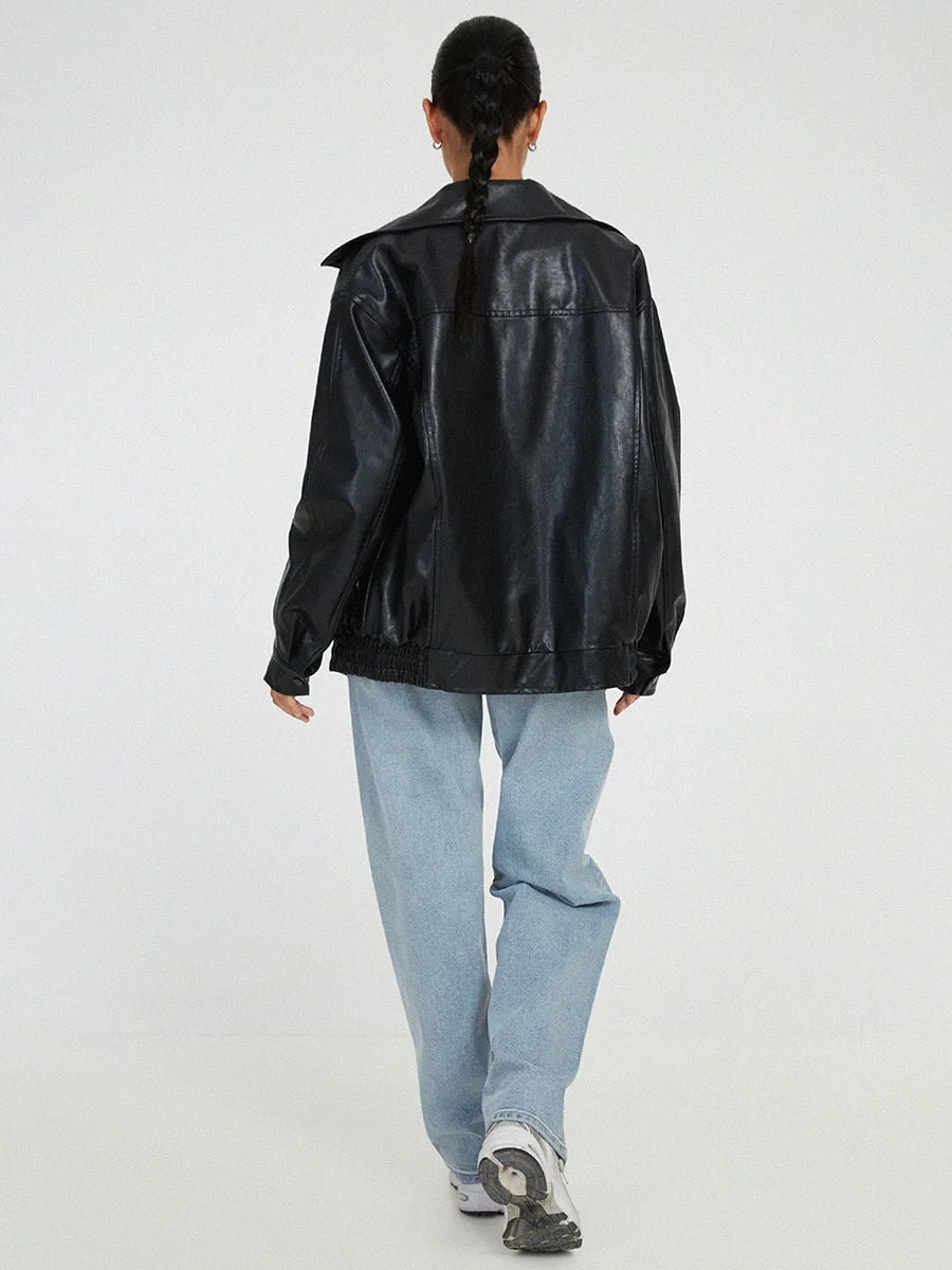 Women's Oversized Leather Bomber Jacket with Zipper Front 3