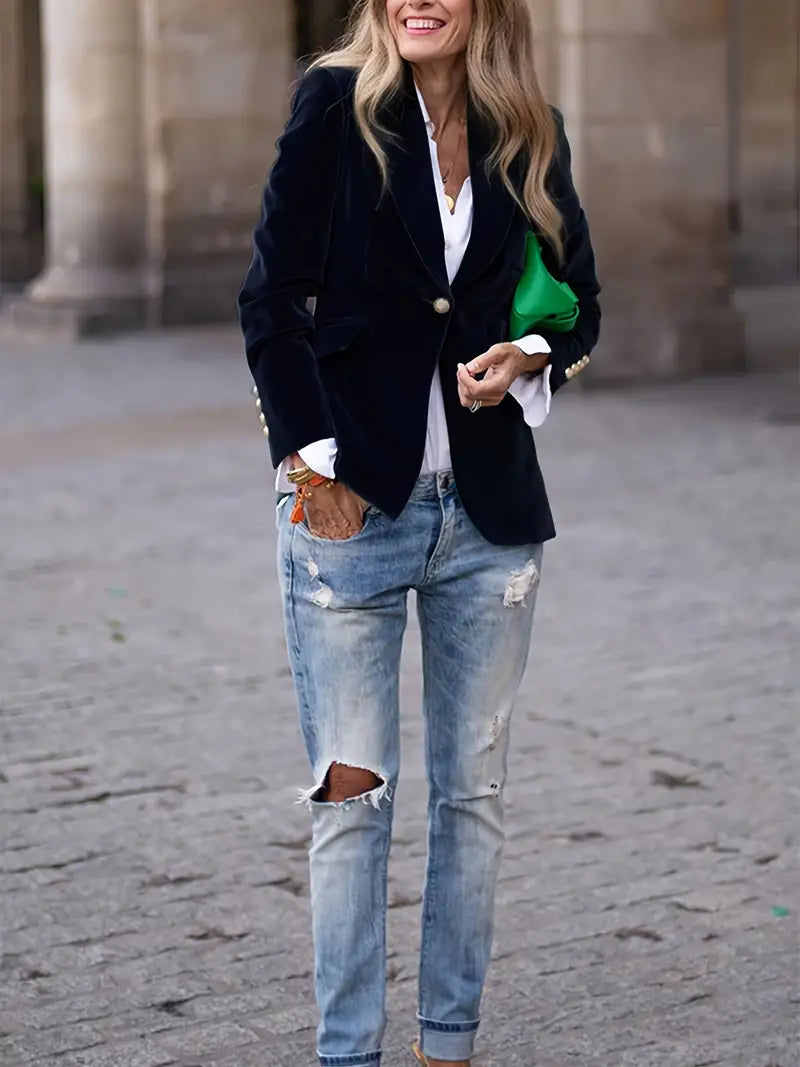 Women's Tailored Blazer with Gold Buttons and Sharp Lapels 2