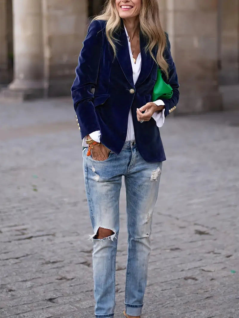 Women's Tailored Blazer with Gold Buttons and Sharp Lapels 7