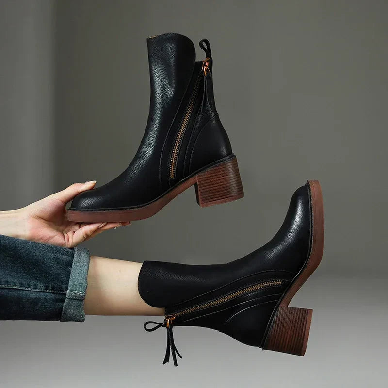 Ladies Block Heel Ankle Boots with Side Zip - Lusomart