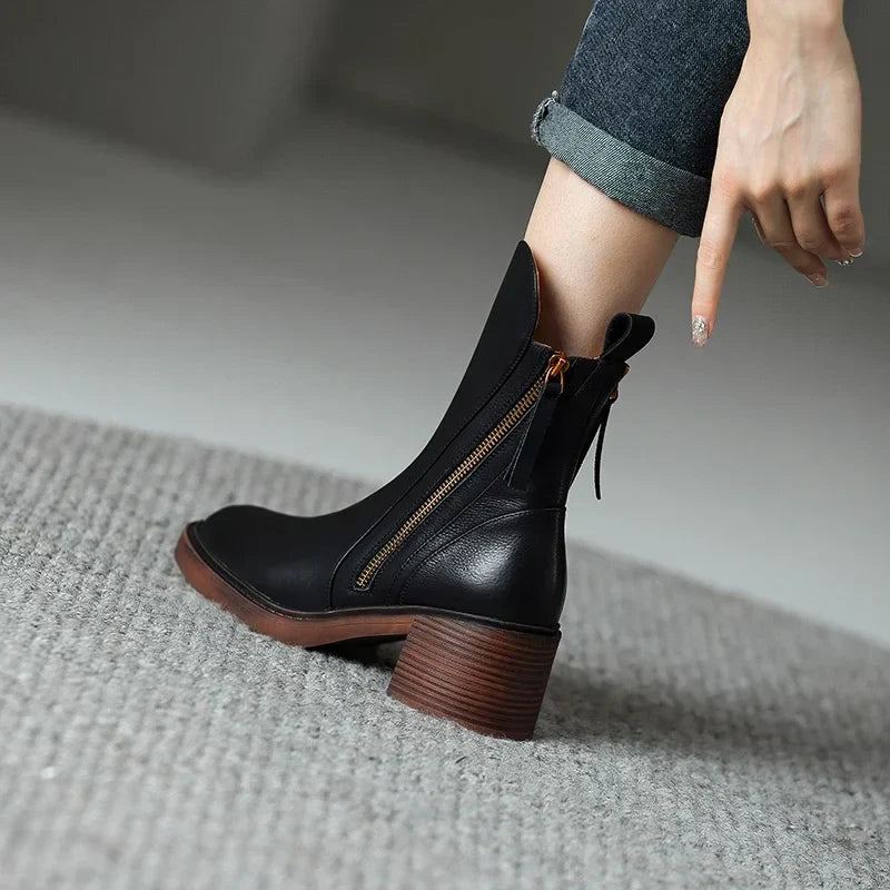 Women’s Zip-Up Ankle Boots with Block Heel and Side Zipper Detail 1