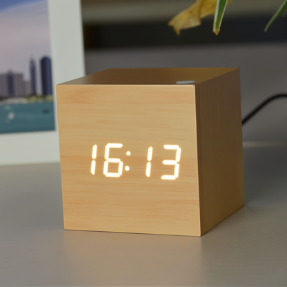 Modern Wooden Alarm Clock with Clear LED Screen