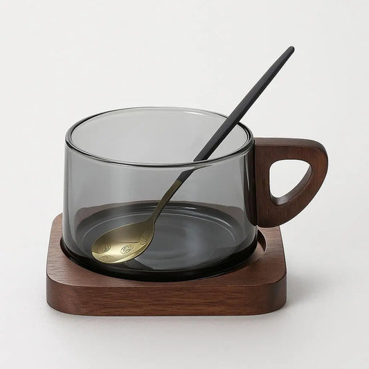 Clear Glass Coffee Mug Set with Wood Handles - Lusomart