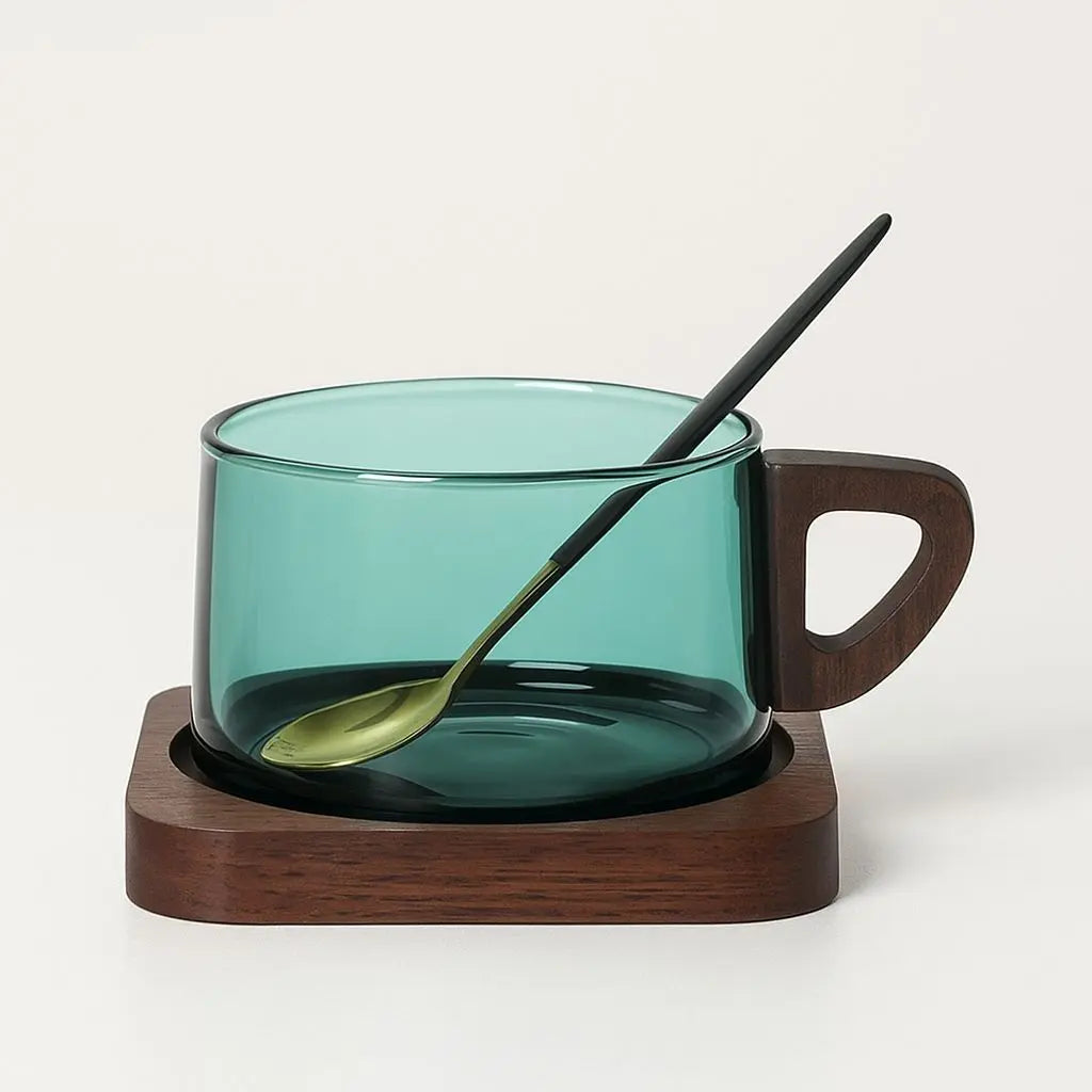 Glass coffee cup set with matching wooden tray, perfect for home entertaining and kitchen use