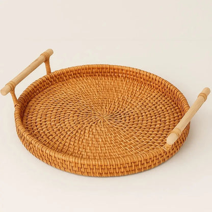 Handmade rattan tray featuring expert weaving techniques for functional kitchen and home storage.