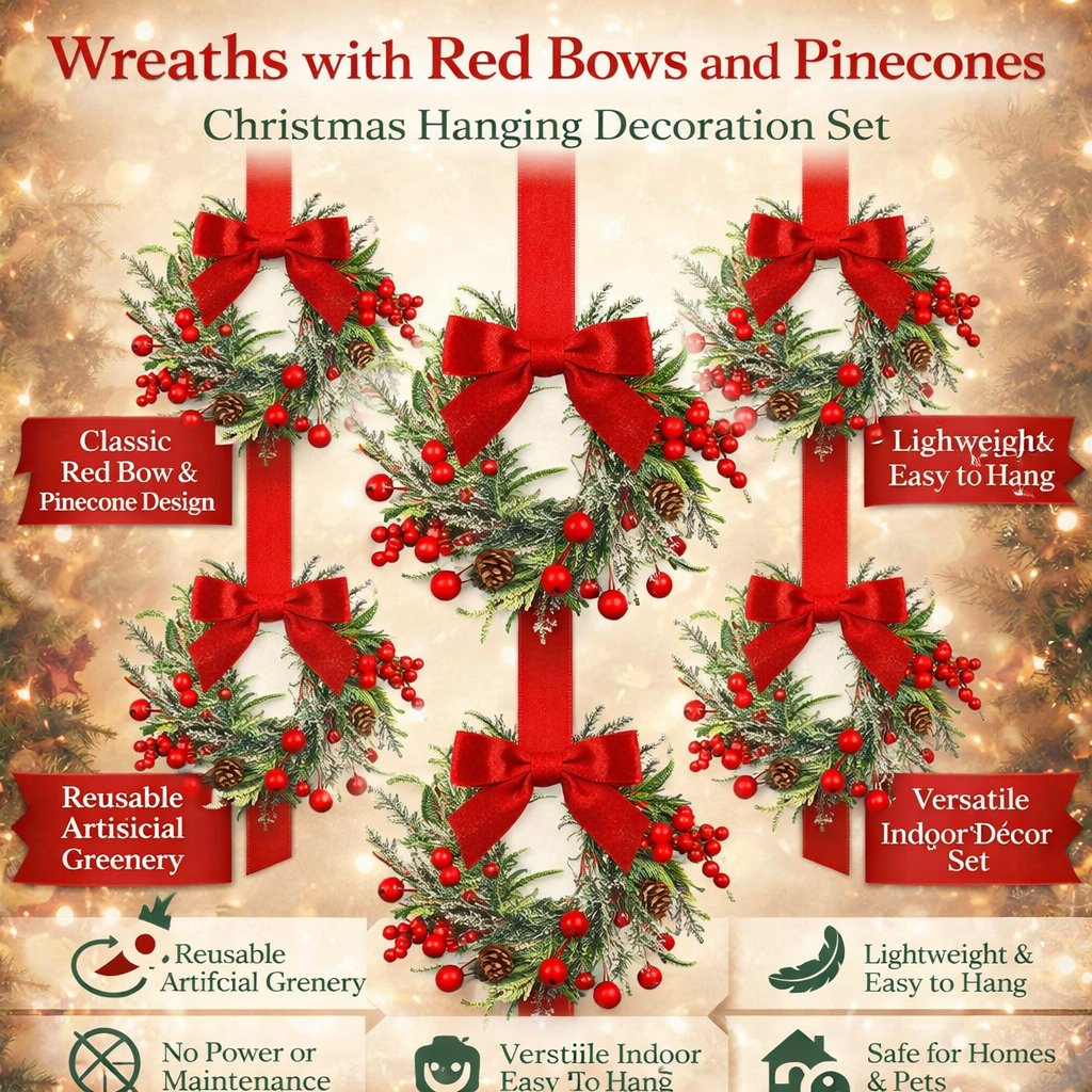 Traditional Christmas Wreath with Red Ribbon and Pinecones