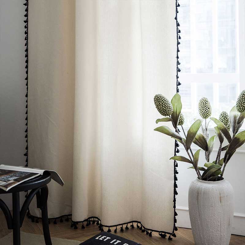 Natural Textured Beige Drapes with Black Trim