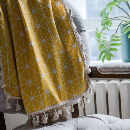 Bright Checked Sheer Drapes with Fringe